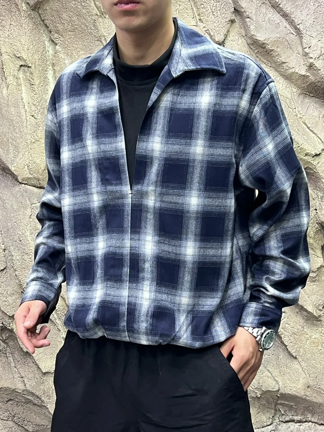 Casual Plaid Long Sleeve Shirt Men's Comfortable Loose Fit Cuban Collar Autumn Outerwear Shirt Trendy Drapey Style Standard Fit