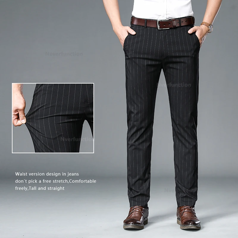 Fashion Striped Pants Men\'s Ultra-thin Summer New Business Casual Suit Pants Formal Work Straight Trousers Male Black Grey