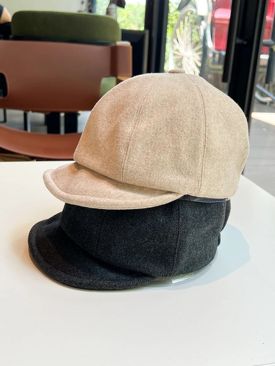

Autumn Winter New Woolen Fabric Octagonal Hat for Women British Retro Newsboy Cap Versatile Warm Face-Slimming Painter Hat
