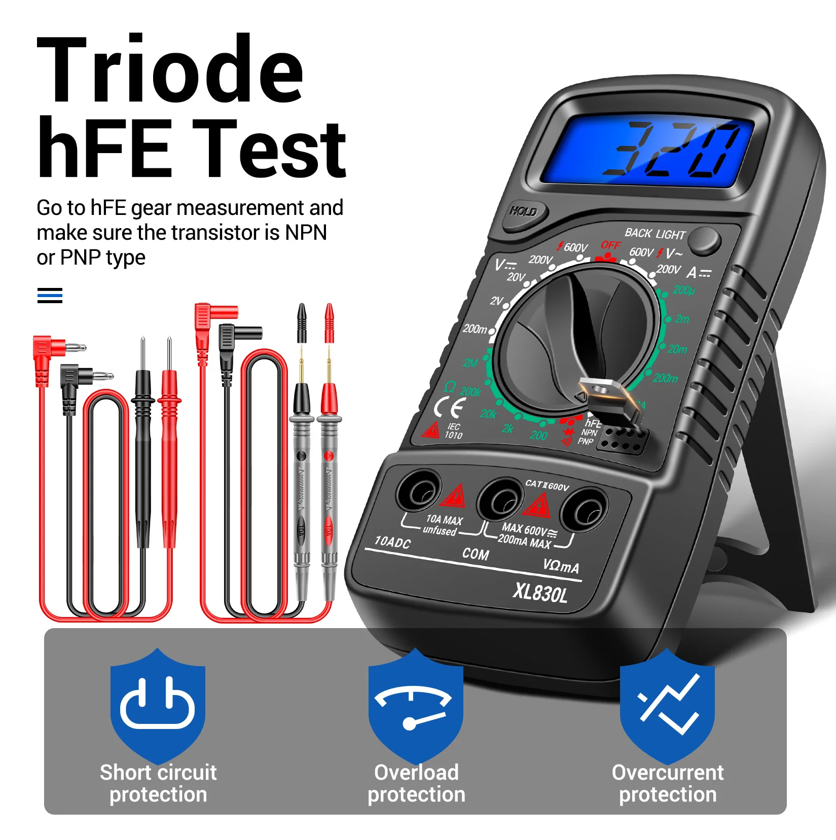 

Digital Multimeter XL830LBacklit Screen Buzzer hFE Transistors&PT1005B 1000V 10A Test Leads Probe Universal Needle Tip Tools