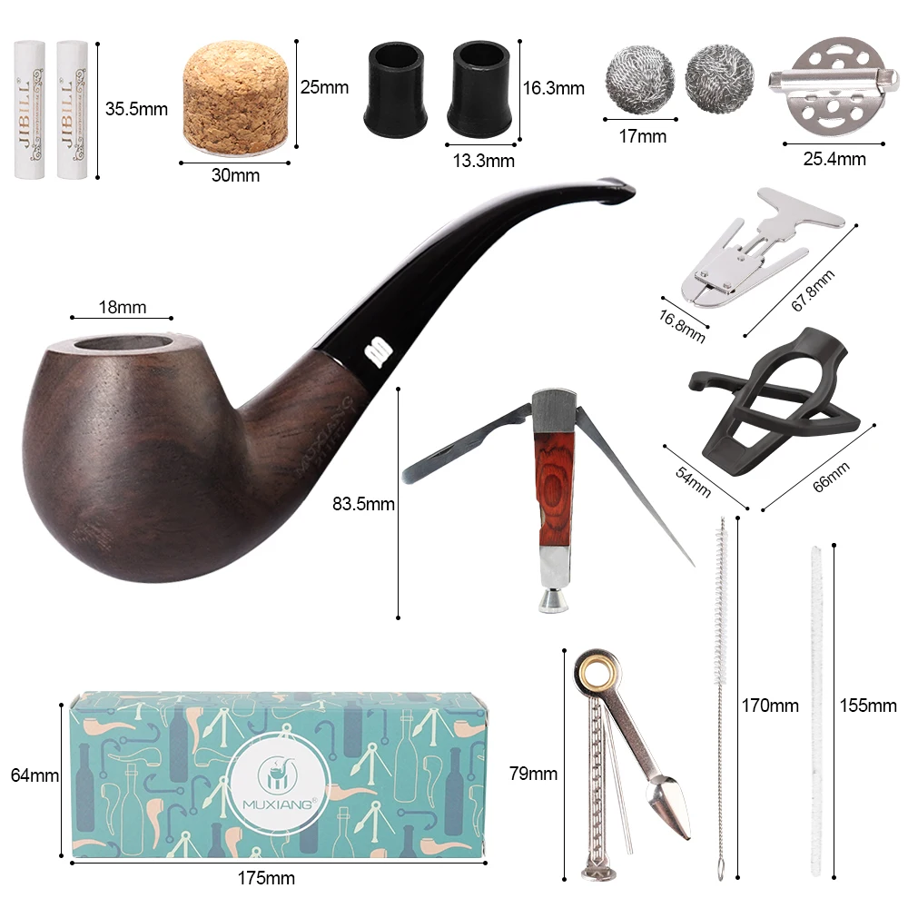 JIBILL Sandalwood Tobacco Pipe Set Smoking Pipe + Cleaning Set + Bag, 9mm Pipe Channel Perfect Set for Beginner Smokers Gift