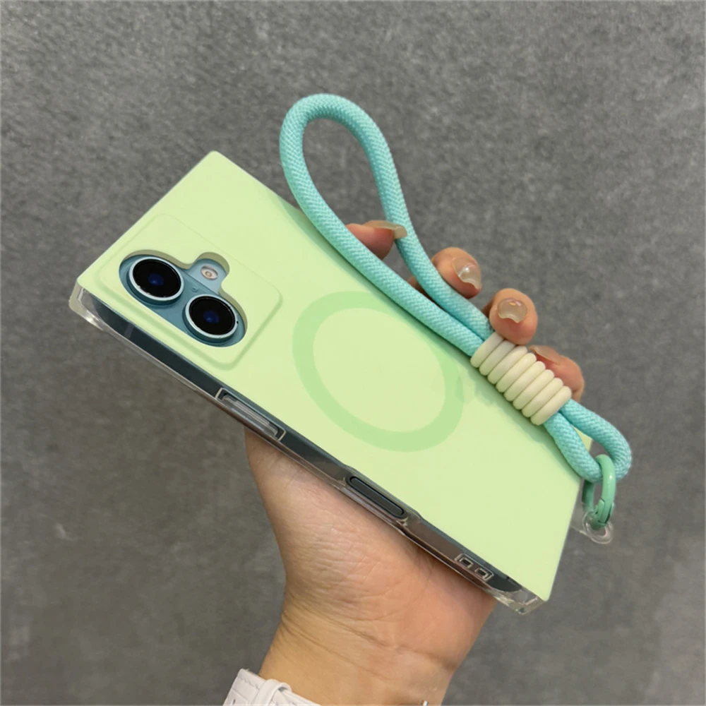 Candy Color Magnetic For Magsafe Wireless Charging Wrist Strap Phone Case For iPhone 17 13 14 15 16 Pro Max Shockproof Cover