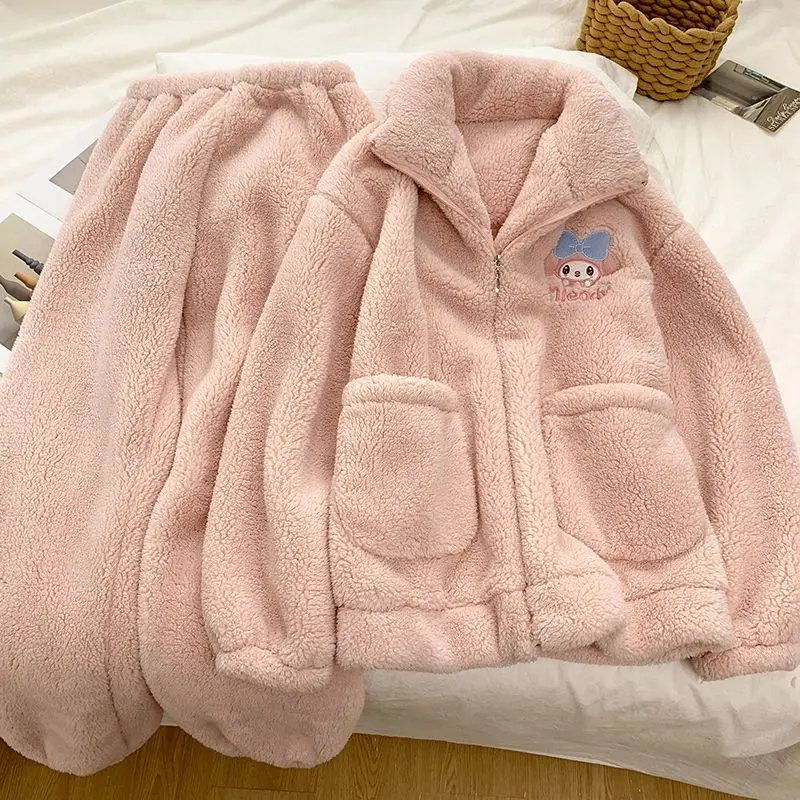 الوردي بلدي ميلودي أزياء الكرتون لطيف منامة للفتيات سميكة الدافئة سستة سترة أفخم ملابس المنزل يمكن ارتداؤها خارج