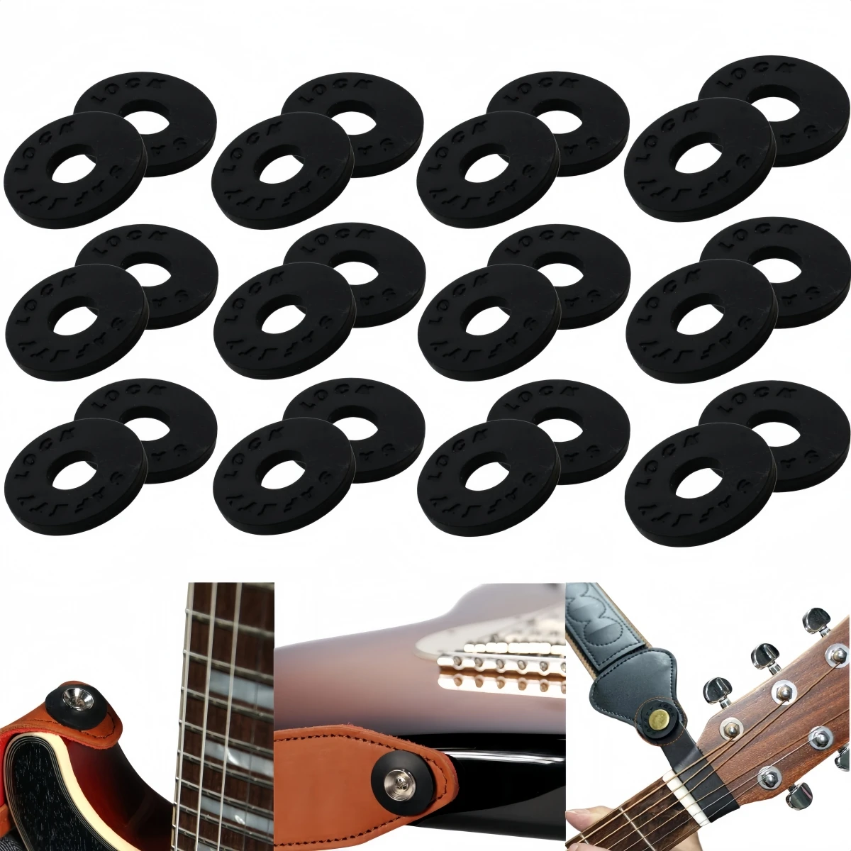Miwayer 24 Pièces Verrous de Sangle de Guitare en Caoutchouc, Matériau Silicone Premium, Protecteur de Bouton de Sangle Noir pour Accessoires de Guitare