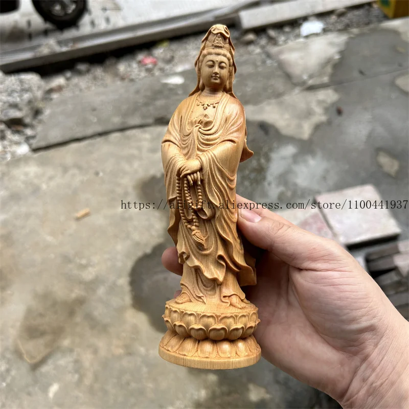 

Cypress Wood Carving Guanyin Bodhisattva Statue Bead Sculpture Peaceful Home Blessing Lotus Standing Bodhisattva Decoration