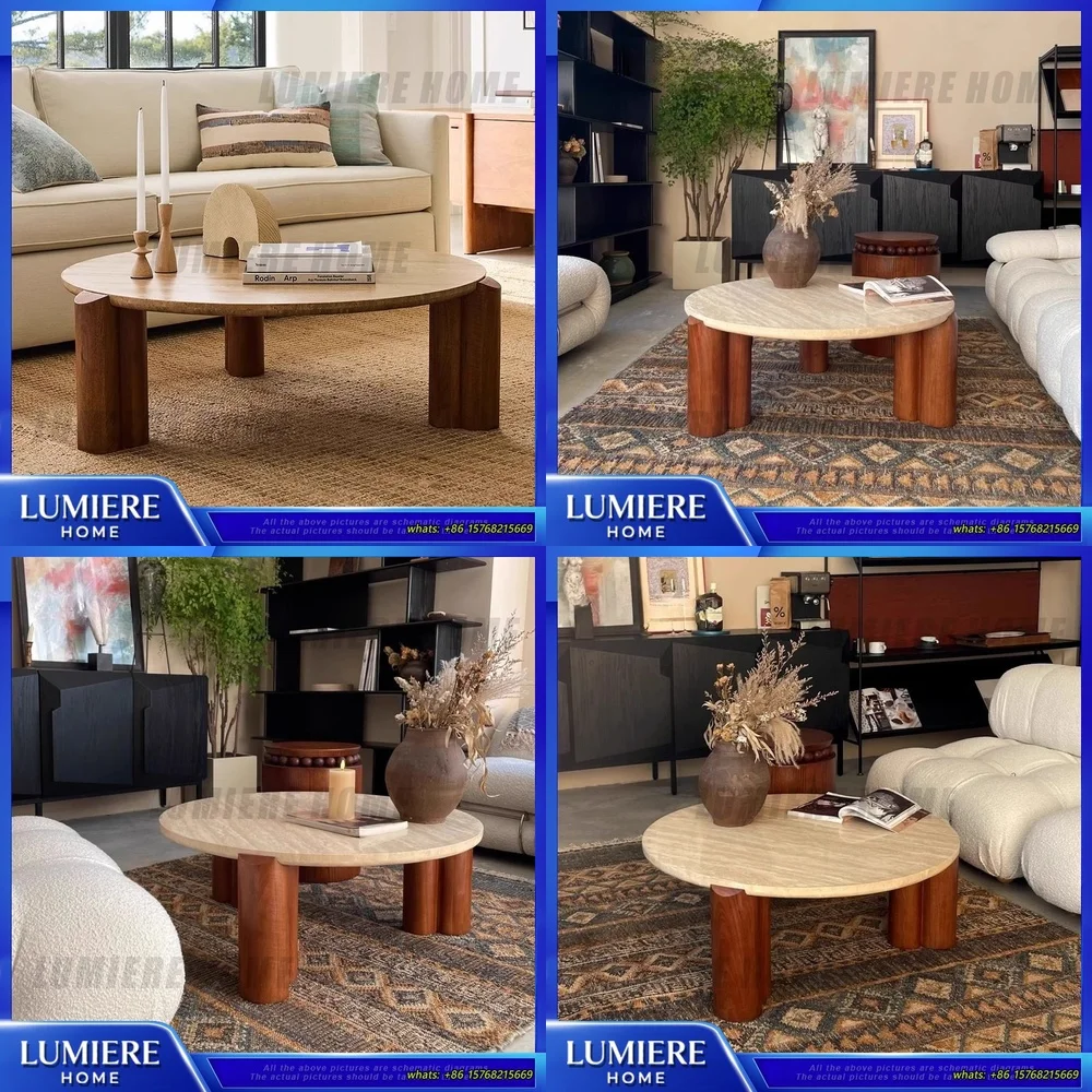 

Wabi Sabi Style Solid Wood Holes Stone Coffee Table for Home Living Room Small Apartment Vintage Design Marble Center Table