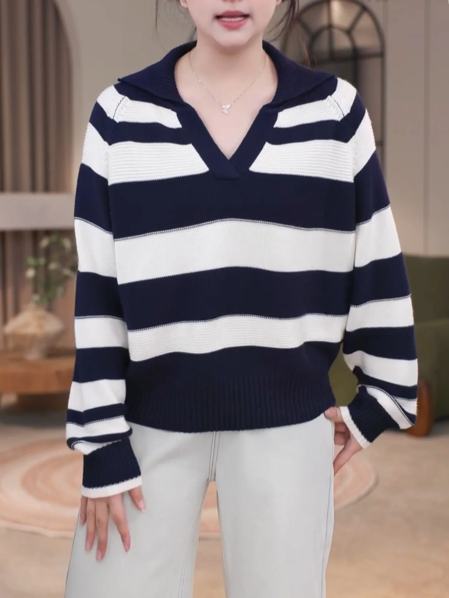 

Женский трикотажный топ с эффектом похудения, V-образным вырезом, длинными рукавами, свободного кроя, в полоску, с цветовыми блоками, осенне-зимняя мода