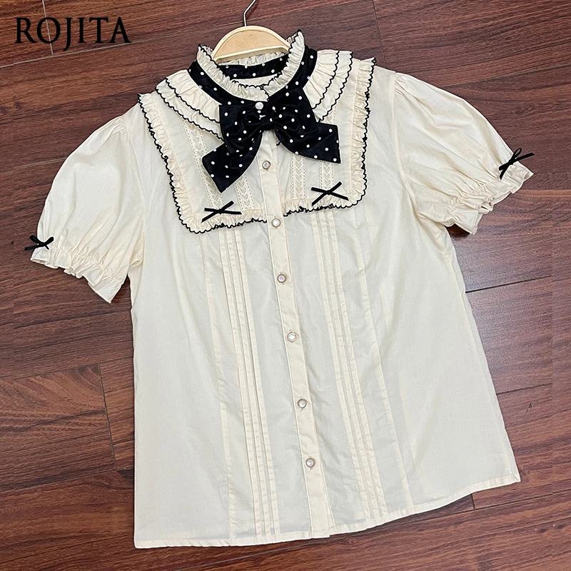 

Lolita Inner Wear Cute Dog Tooth Edge Lotus Root Sleev Japanese Style Single-Breasted Puff Short Sleeve Shirt Women Tops