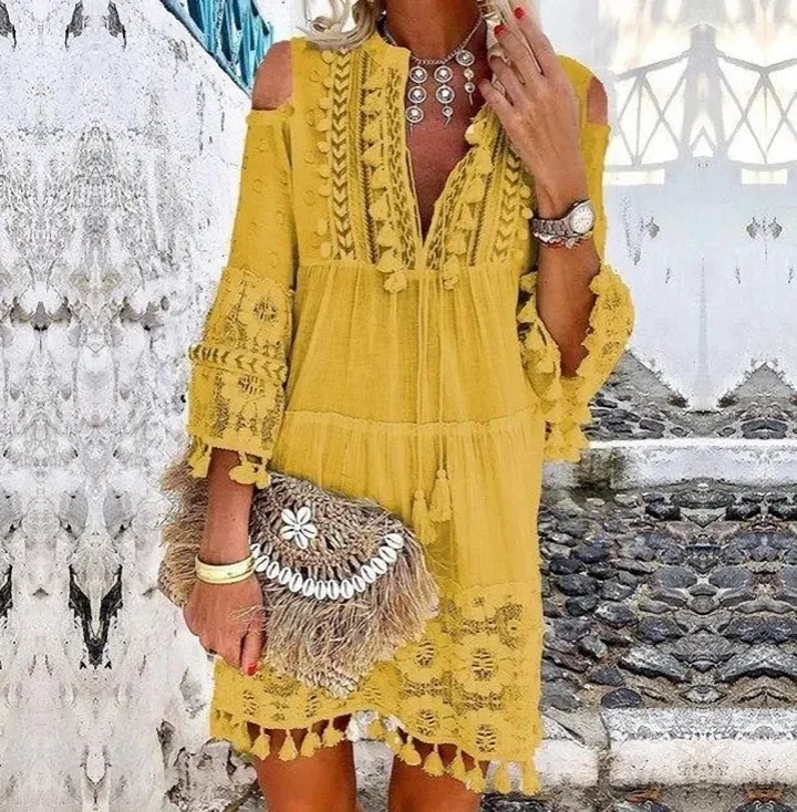 Beach Boho White Lace Fashion Eu Boho Mini Dress Women Autumn Pop Tassel Loose V Neck Dresses Lady Beach Female Clothing