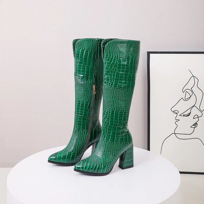New winter thick-heeled high-heeled boots European and American snake print knee-length boots V-mount boots