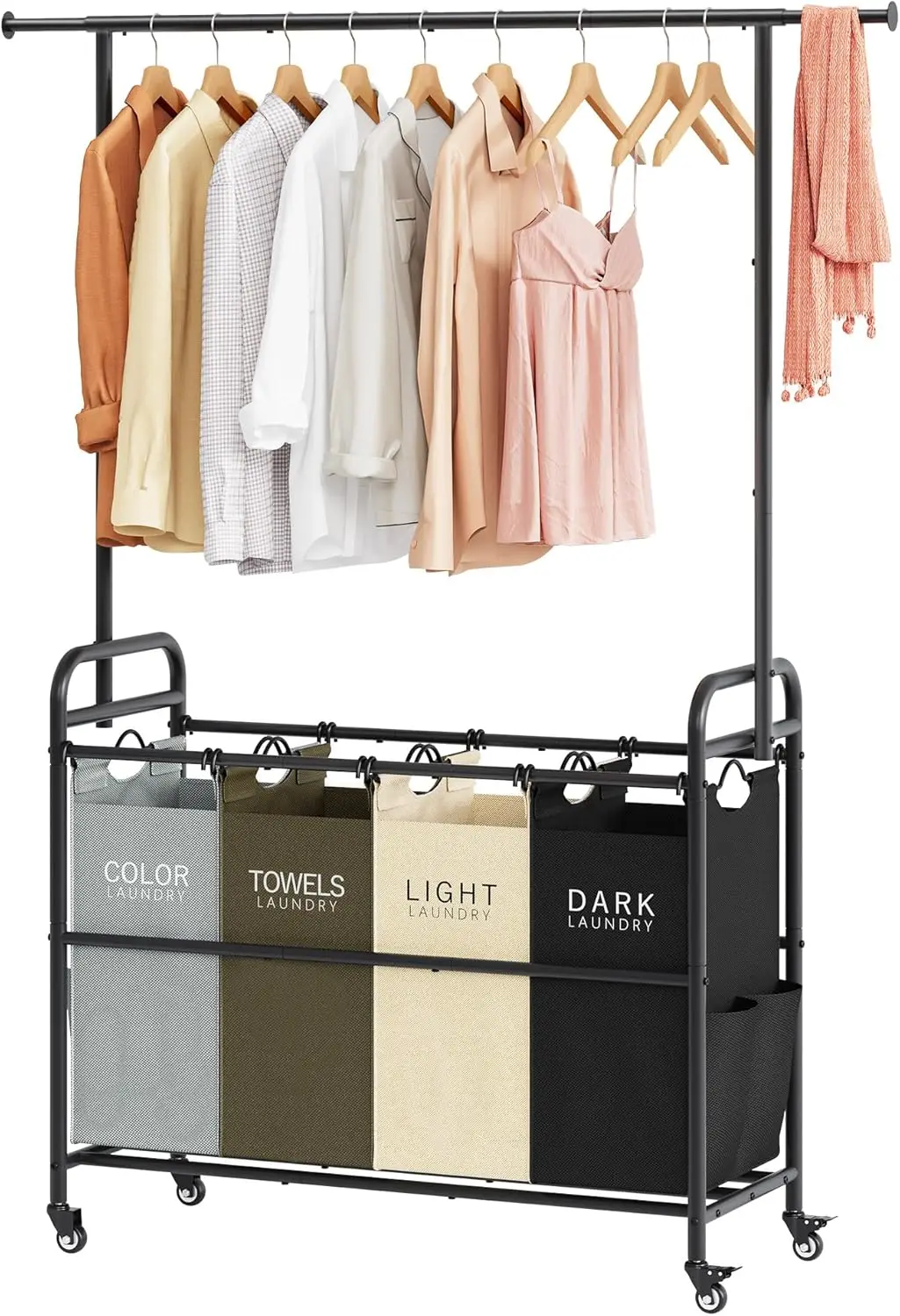 

4-Color Laundry Cart with Hanging Rack, 4 Removable Bags & Locking Wheels for Easy Sorting