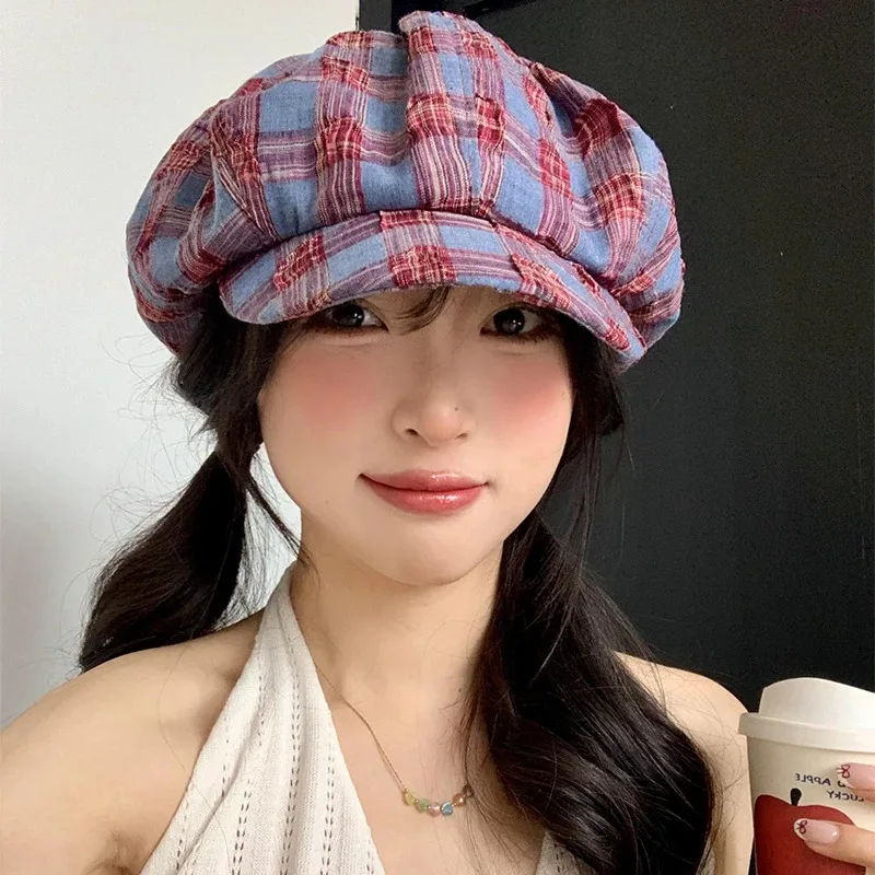 Retro Plaid Color Matching Beret Women Spring Summer Outdoor Shading Large Version Pleated Design Octagonal Painter Hat