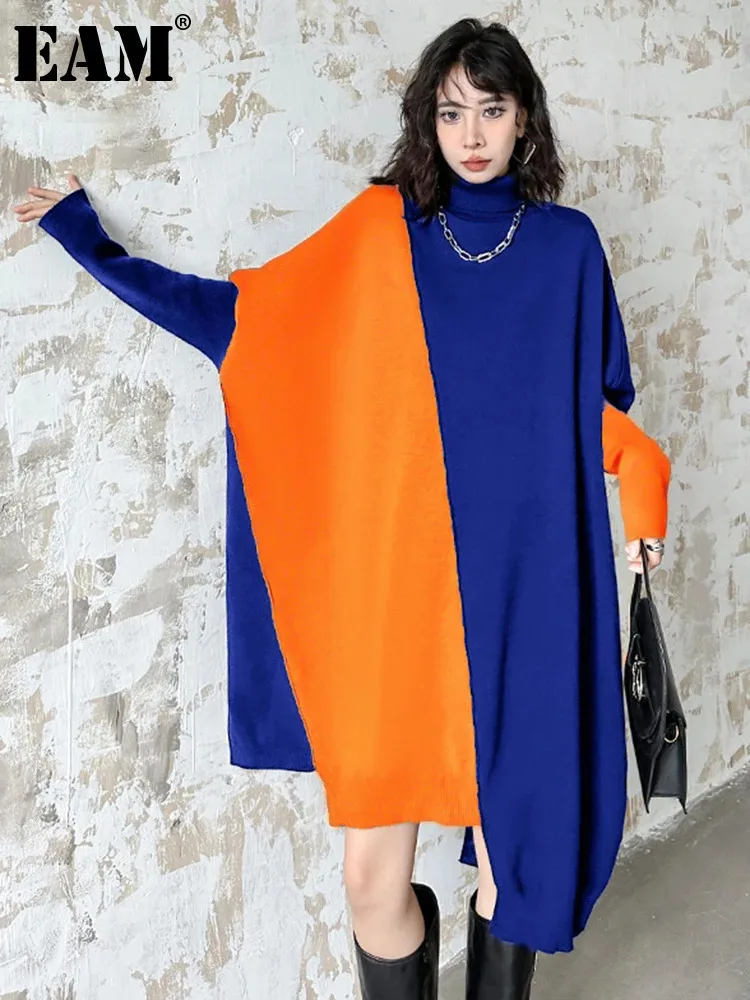 [EAM] Orange Color-block Big Size Knitting Sweater Turtleneck Long Sleeve Women Pullovers New Fashion Spring Autumn 2024 1DH7156