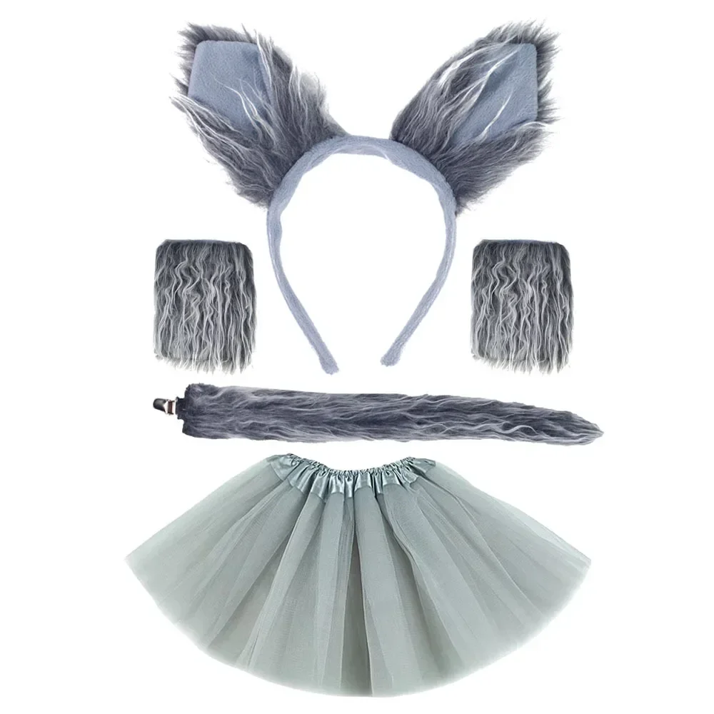 Party Kids Boy Girls Grey Wolf Costume Set Mesh Skirt Tutu Plush Animal Ear Headband Tail Paw Gloves Cosplay Accessories