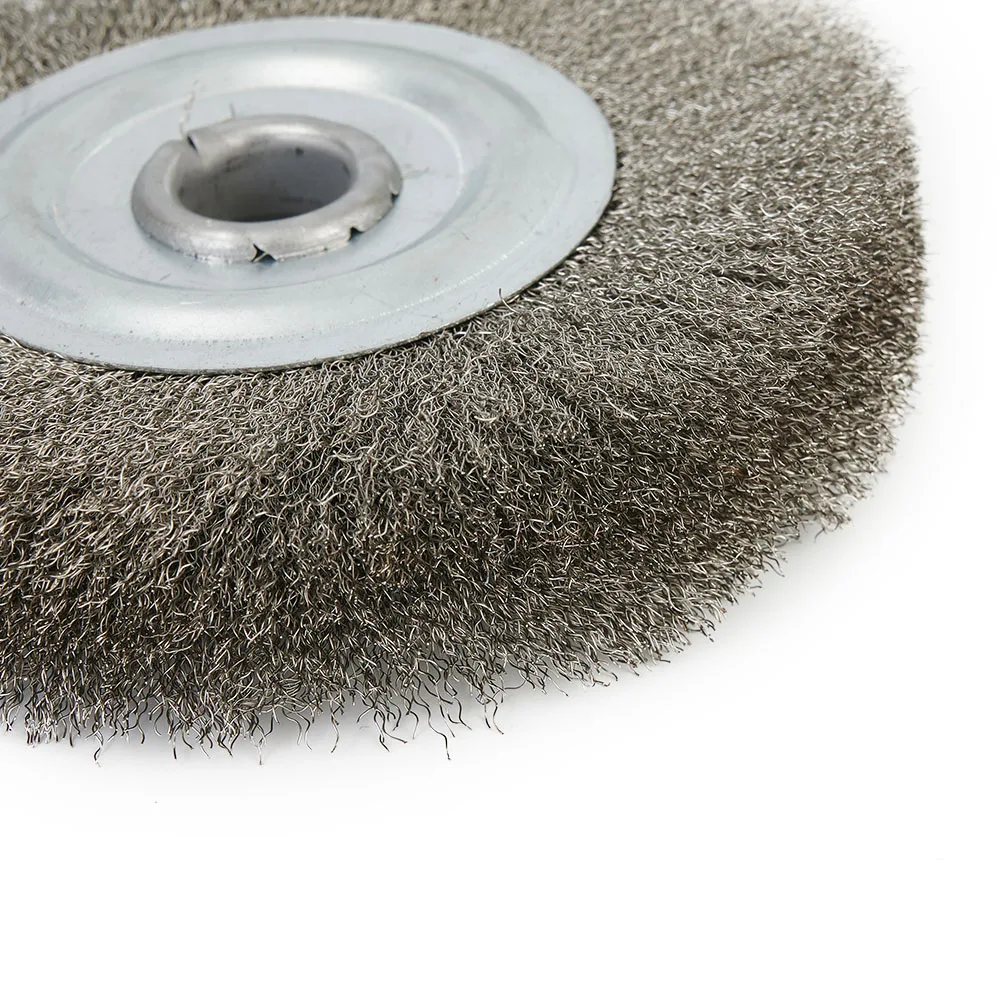 Cepillo de rueda de alambre de acero inoxidable prensado, amoladora de banco, herramienta abrasiva, 16mm para agujero de desbarbado, limpieza de óxido, pulido, 5 pulgadas
