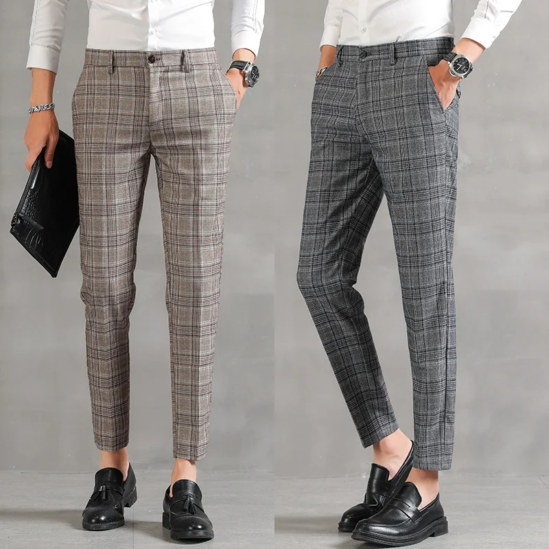Men Dress Pants 2024 British Plaid Business Casual Slim Fit Ankle Length Pantalon Classic Vintage Check Suit Trousers Wedding