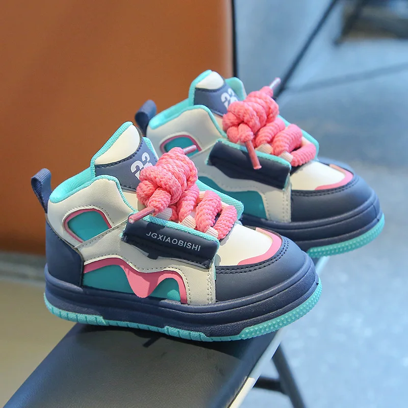 

Spring Autumn Kids Middle Top Bread Shoes Children Bread Shoes Children Casual Board Shoes Front Lacing Neutral Color Blocking