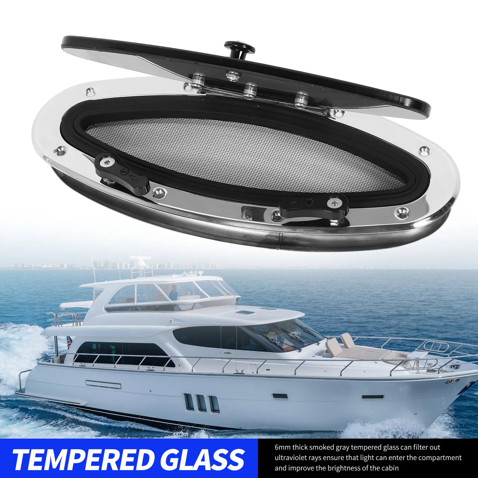 300 X 105mm Boat Porthole Window 6mm Thick Smoked Tempered Glass Internal Opening Window For Yacht RV Boat Accessories