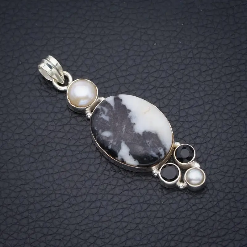 StarGems Natural Pinolith Jasper&Black Onyx And River Pearl Handmade 925 Sterling Silver Pendant 2 1/4