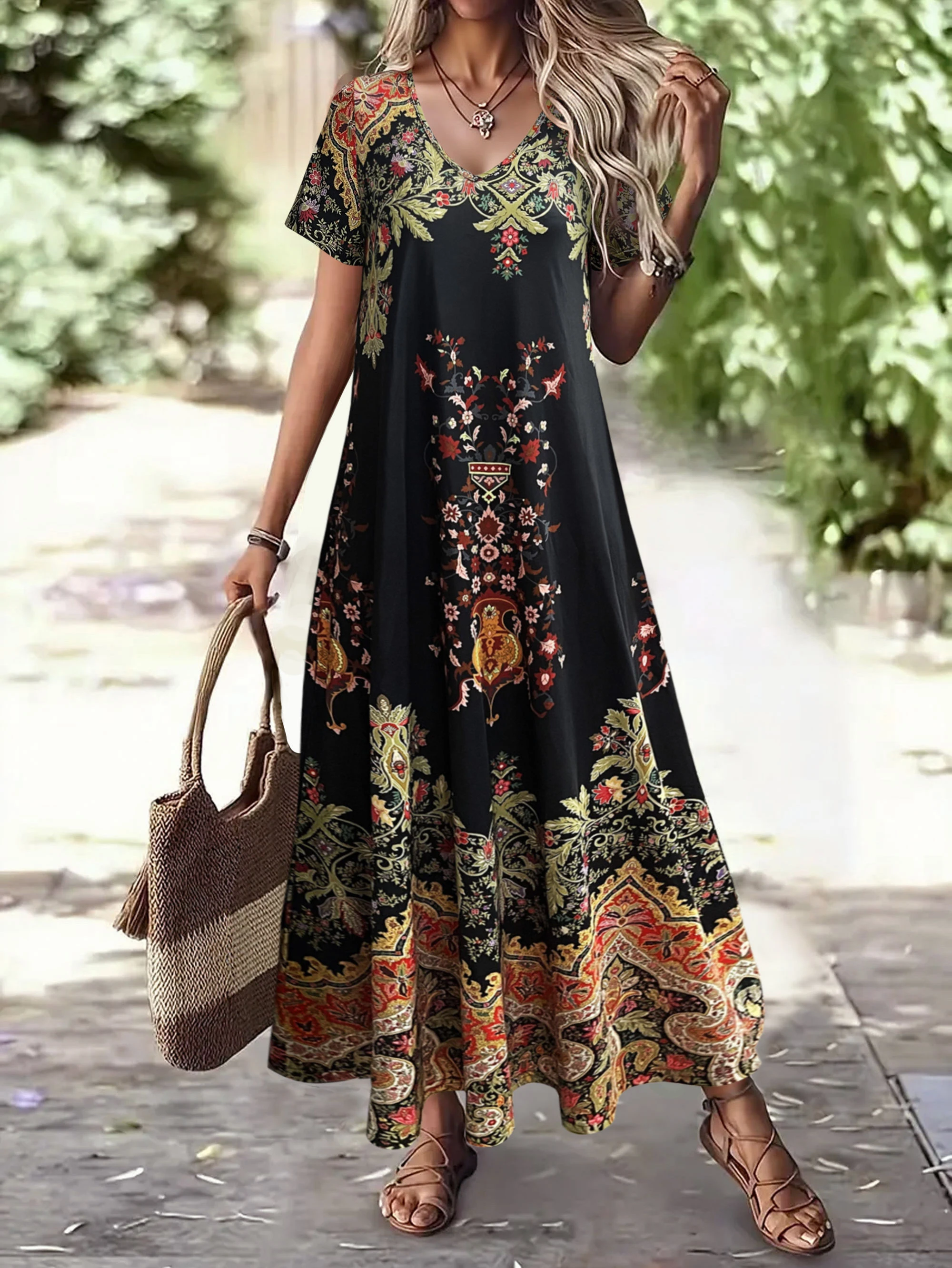 Sommer-Maxikleid mit Blumenmuster für Damen, V-Ausschnitt, kurze Ärmel, ideale Urlaubsoutfits für Damen, fließendes Sommerkleid