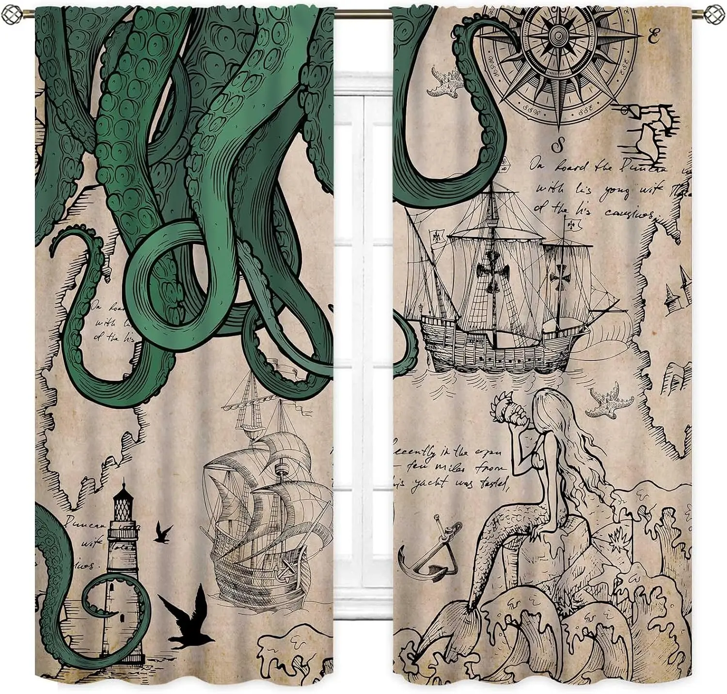 Nautical Octopus Curtains, Coastal Old Pirate Map Sailboat Compass Vintage Magic Ocean Kraken Octopus Tentacles Window Drapery