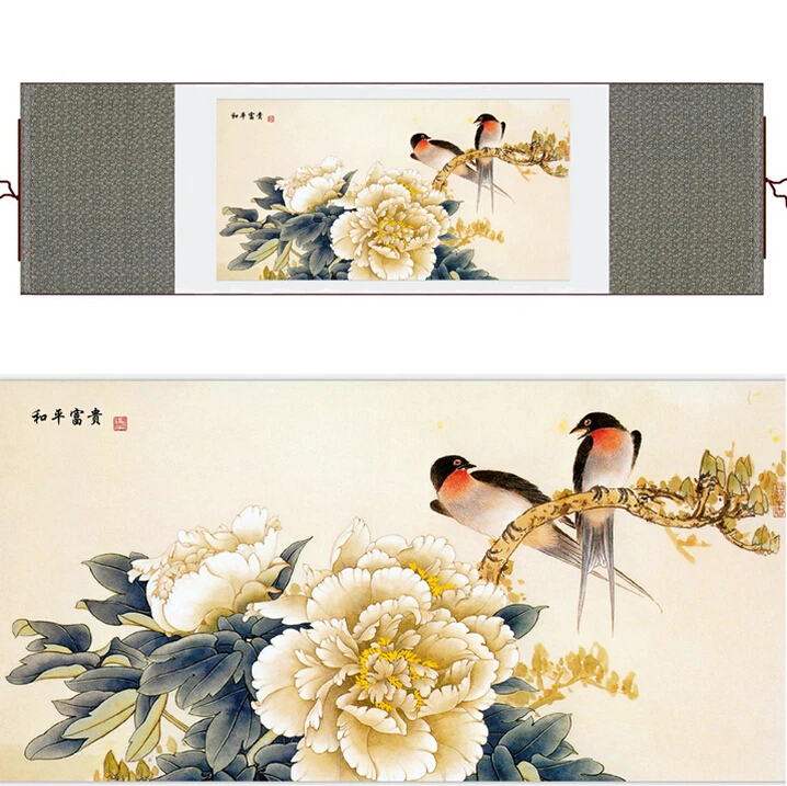 Swallow and penoy flower  Painting Home Office Decoration Chinese scroll painting birds  painting Ink wash painting