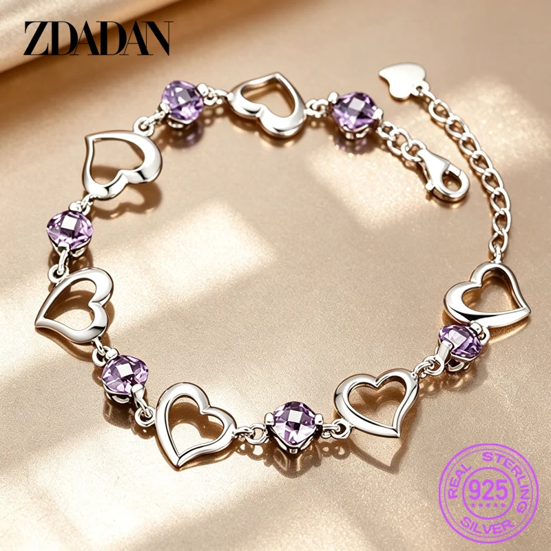 ZDADAN 925 Sterling Silver Amethyst Heart Bracelet For Womens Adjustable Fashion Party Jewelry