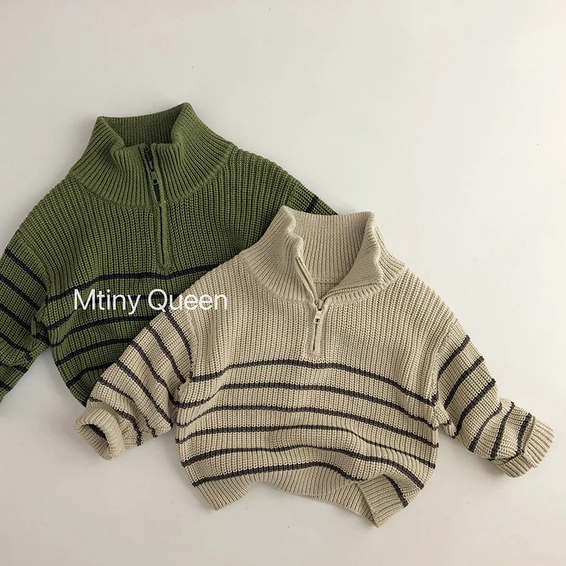 

2024 Autumn New Children Long Sleeve Casual Striped Sweater Thick Warm Baby Knit Sweater Pullover Boys Girls Tops Kids Clothes