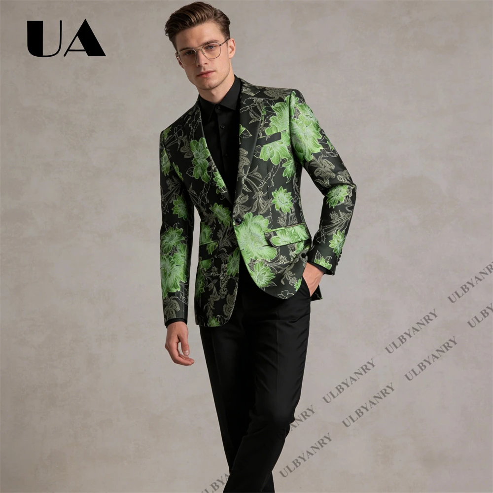 ULBYANRY Men’s Black Base Green Flower Embroidery Satin Peak Lapel Slim Fit Blazer for Prom Party (Size M - 6XL) Wedding Guest