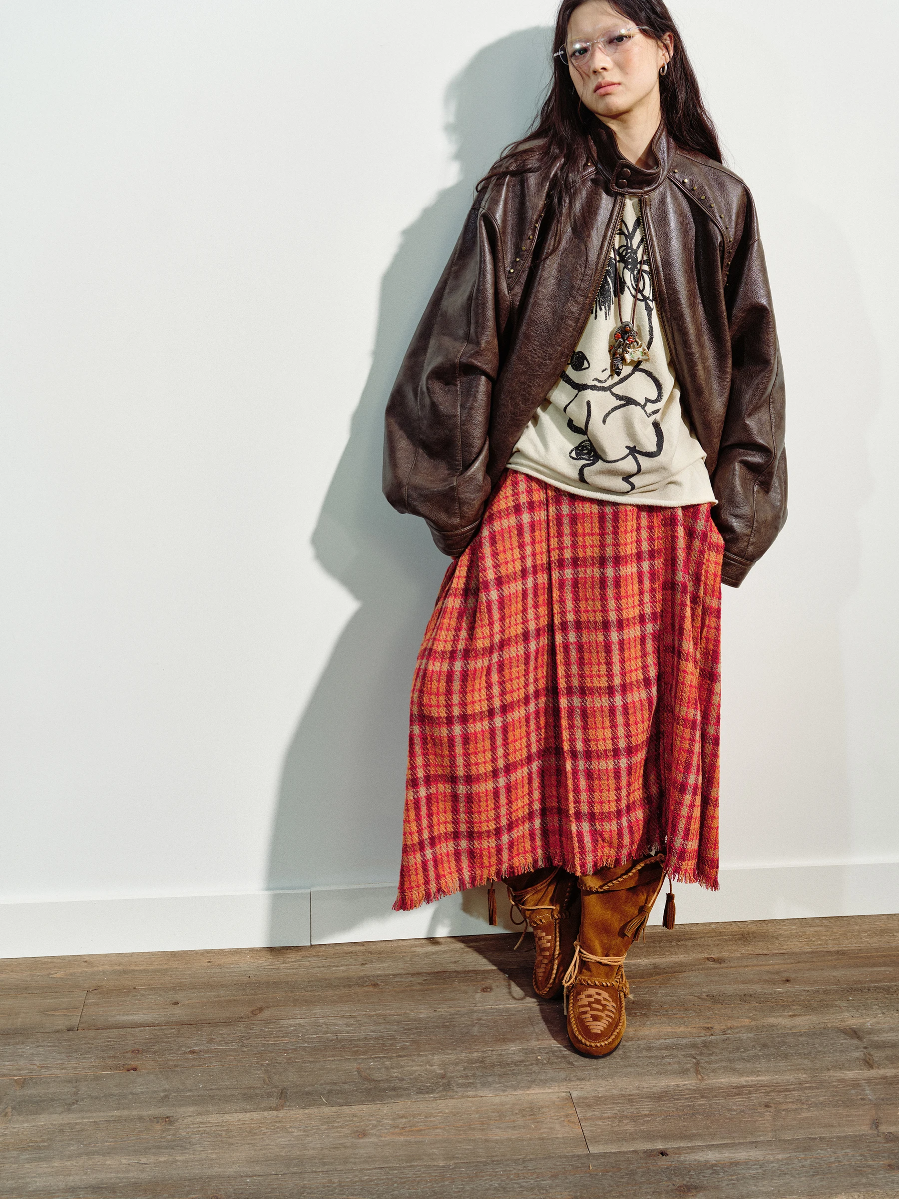 VERMO Vintage Orange Red Plaid Woolen Skirt Asymmetric Hem Low Waist Folded Design Three Dimensional Tailoring Ladies Skirt