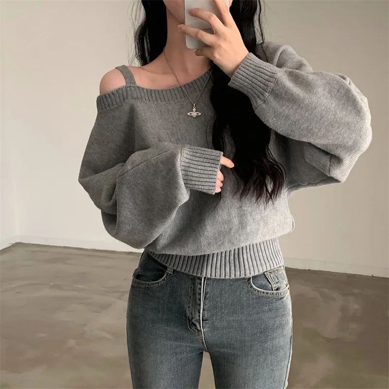 

Autumn and Winter Clothing Temperament Slanted Collar Off Shoulder Loose Casual Versatile Long Sleeved Knitted Sweater for Women