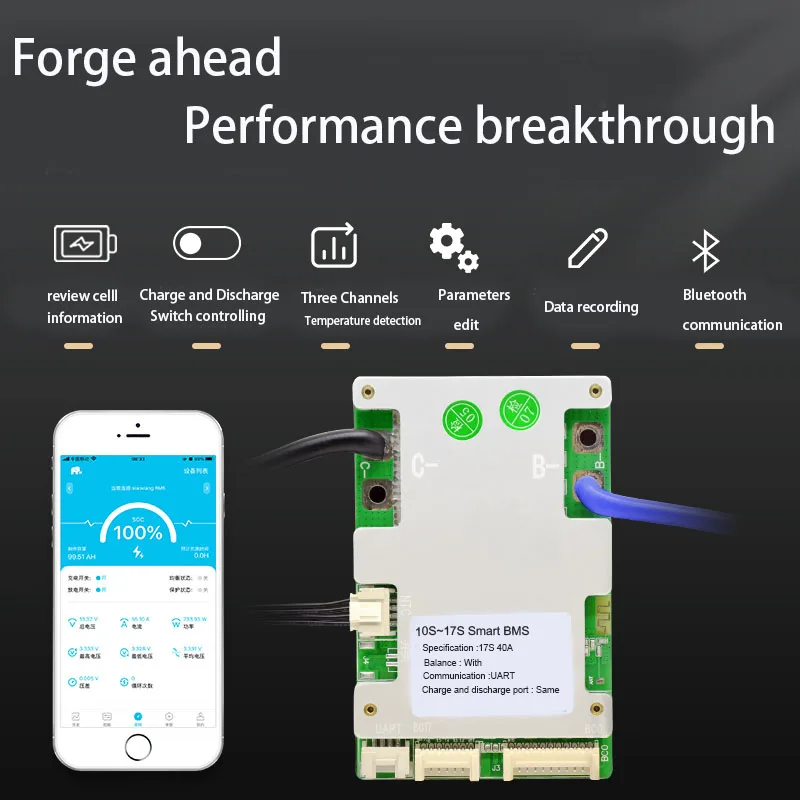 10S 11S 12S 13S 14S 15S 16S 17S Smart Bluetooth BMS with UART Communication for 36V 48V 60V Lithium ion or Lifepo4 Battery