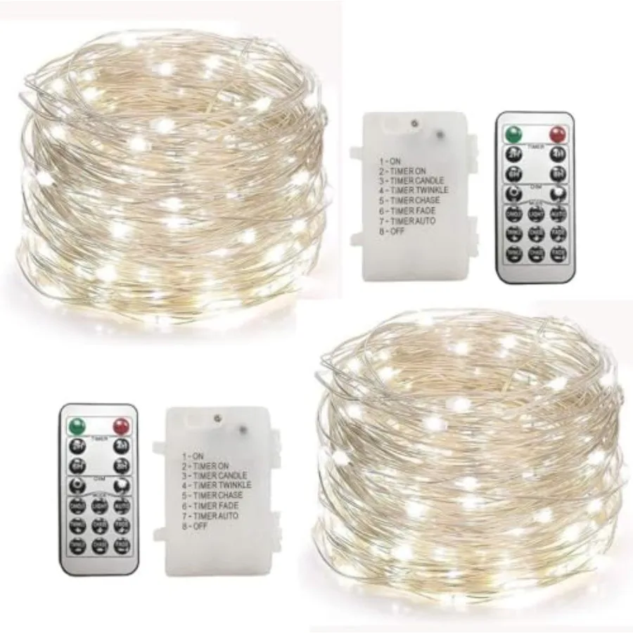 Led Fairy Lights Battery Operated with Remote Control Timer Waterproof Silver Copper Wire Twinkle String Lights for Party Bedro