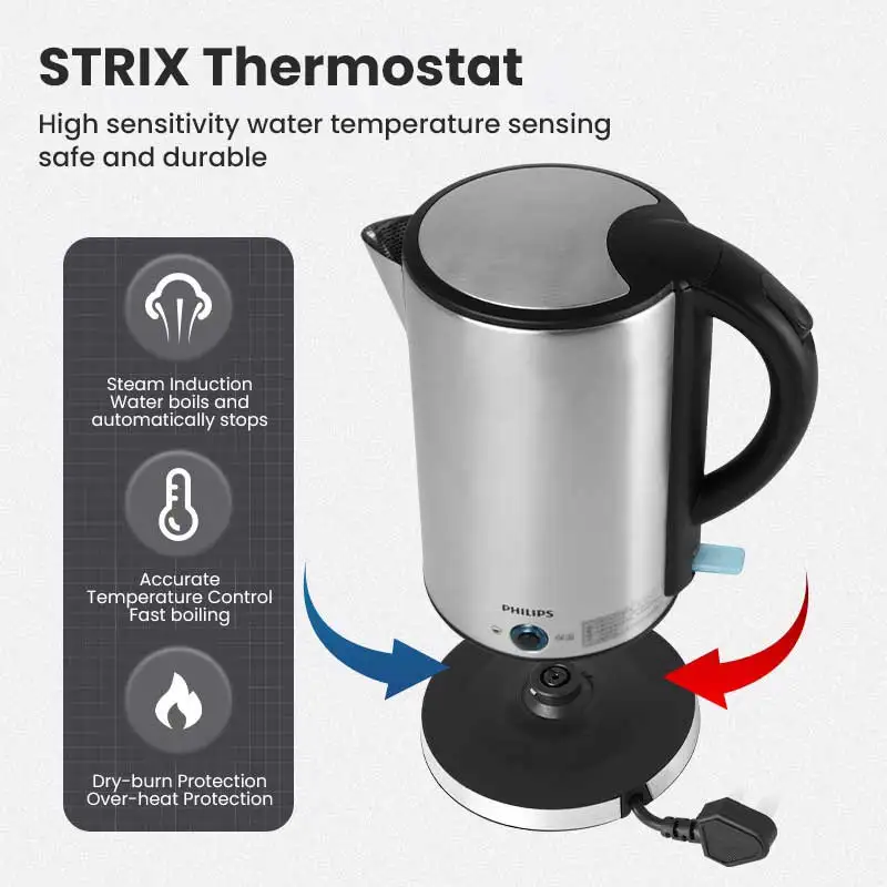 กาต้มน้ำไฟฟ้าฟิลิปส์ รุ่น HD9316 ความจุ 1.7 ลิตร 1800 วัตต์ พร้อมฟังก์ชั่นควบคุมอุณหภูมิคงที่ ผลิตจากสแตนเลสเกรด 304 สำหรับอาหาร