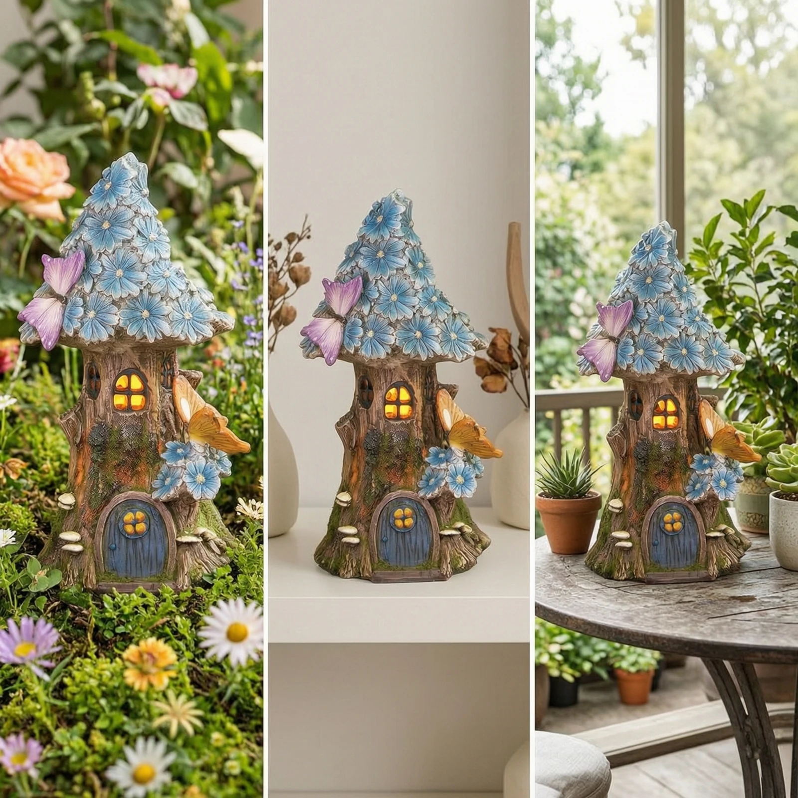 Maison de fée avec lumière solaire, statue de maison dans les arbres en résine, mini-maison dans les arbres, ornement lumineux pour jardin, résistant aux intempéries, pour jardiniers, patio