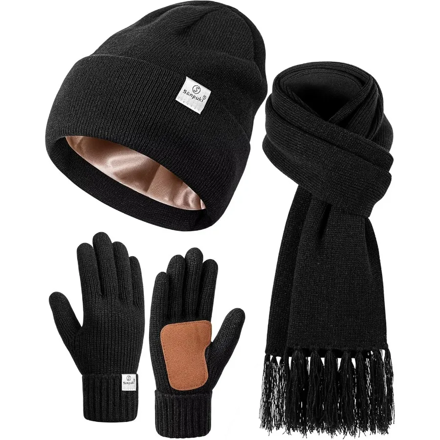 المرأة الساتان اصطف قبعة وشاح قفازات مجموعة الحرير اصطف الشتاء القبعات وشاح متماسكة قفازات لمس للطقس البارد في الهواء الطلق Activ