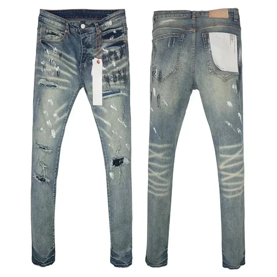 Top quality Purples jeans Men 2024 American High street retro yellow mud beggar hole brands jeans Slim pants