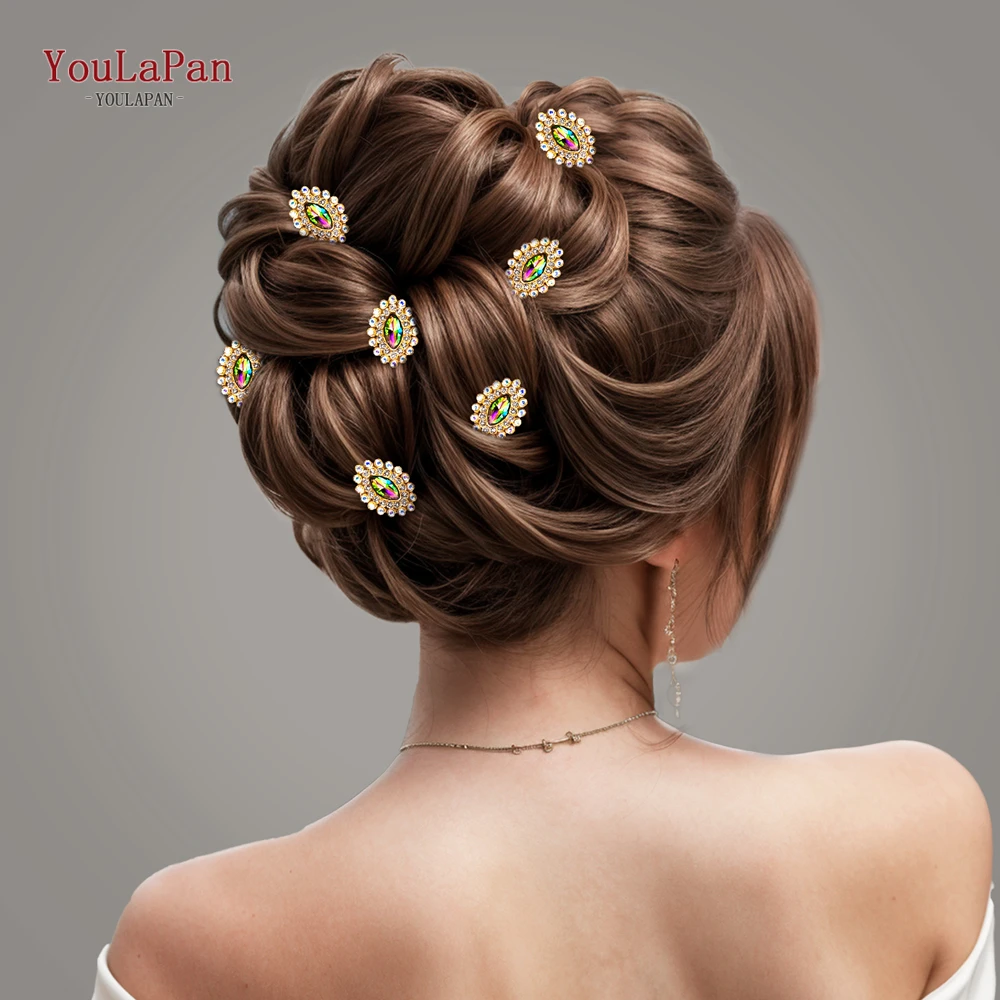 YouLaPan Simple Bride Hairpins Wedding Hair Accessories Gold Color U-Shape Hair Pins Women Colorful Rhinestone Headpieces HP770