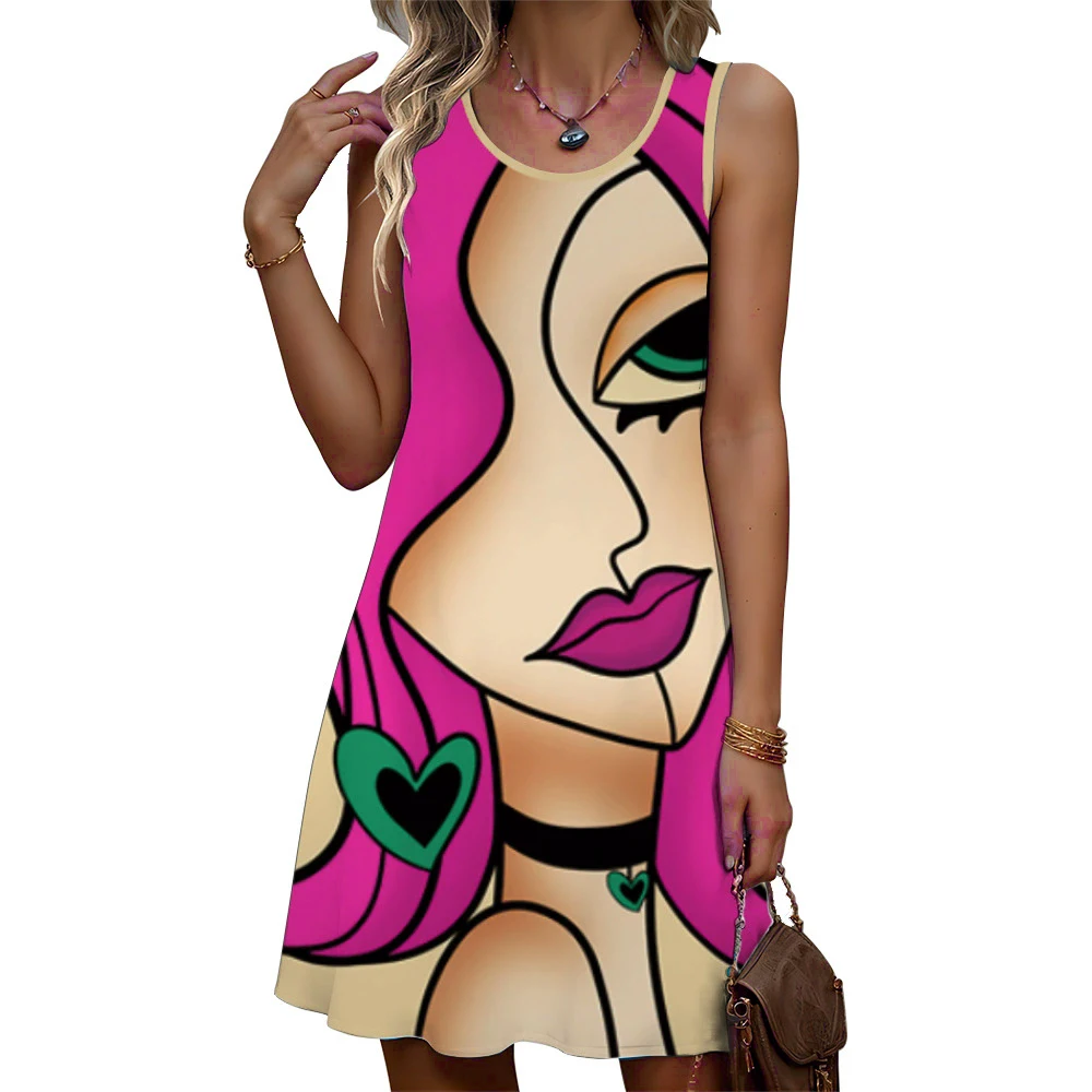 Fashion Cartoon Girl Pattern Women Mini Dresses Summer Sleeveless 3D Printed Streetwear Ladies Dress 3XL Plus Size Casual Dress