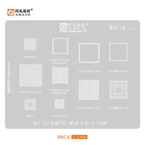Amaoe Bga Reballing Stencil Mac6 980Yfc 338S00466-A0 338S00267-A0 for MacBook A1989 T2 Power Cpu Ic Pin Solder Heat