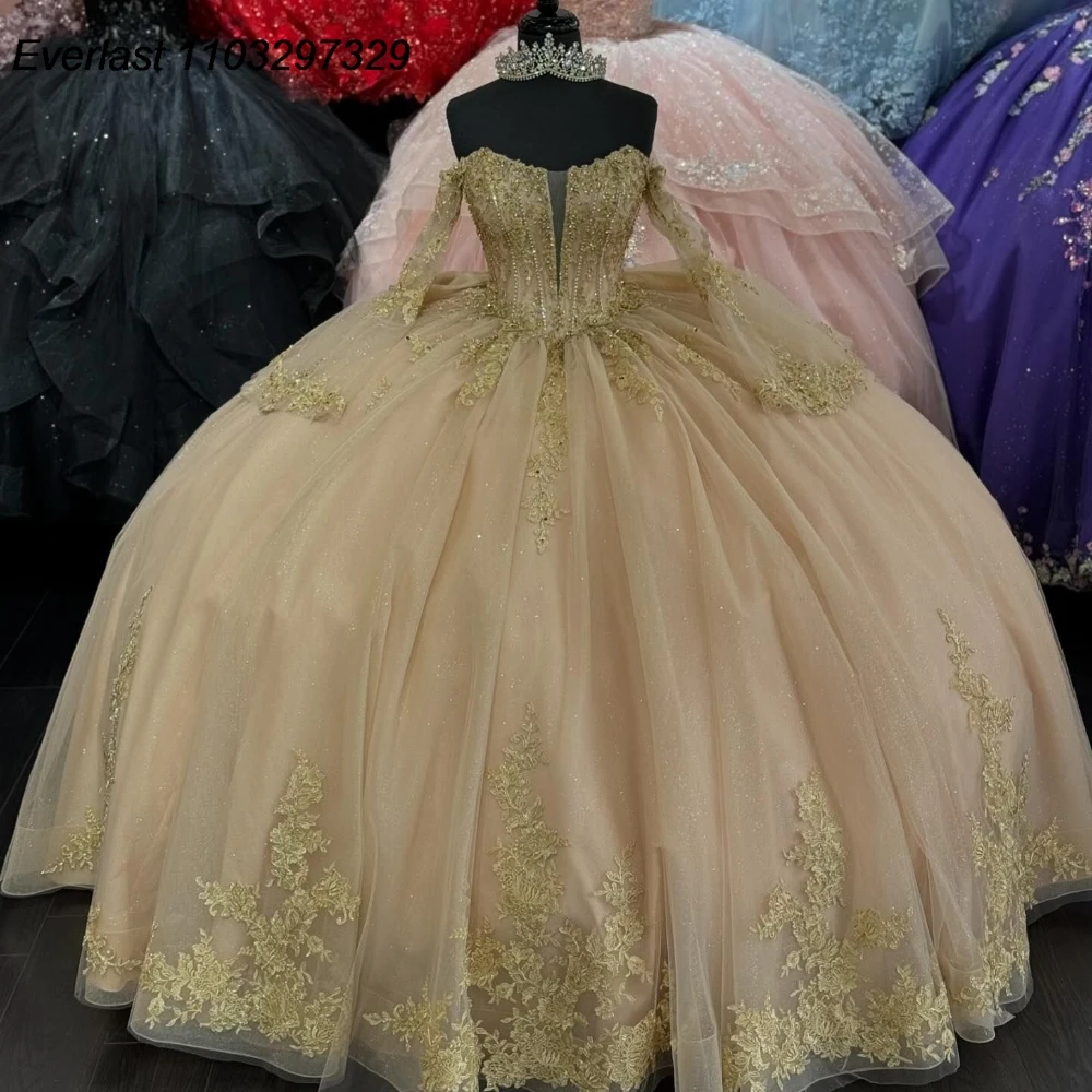 

EVLAST Customized Champgne Quinceanera Dress Ball Gown Gold Lace Applique Beaded Bow Corset Sweet 16 Vestido De 15 Anos QD1054