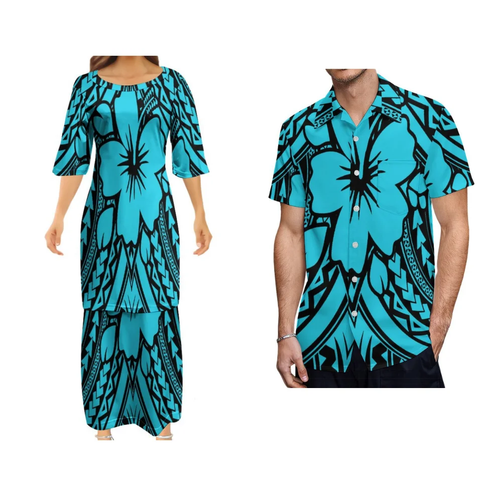 Ensemble imprimé floral tribal personnalisé pour couple, chemise de poche pour hommes, jupe décontractée, dames de Samoa Club Puletasi