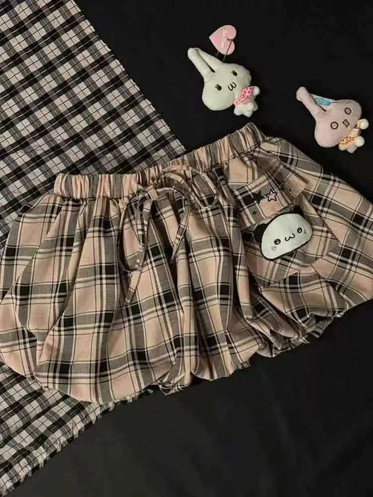 Kawaii Dresses 2-Piece set Woman Clothes Top+Plaid Short Skirt Y2k 2000s Sweet Japanese Harajuku Fairycore Summer Fashion Dress