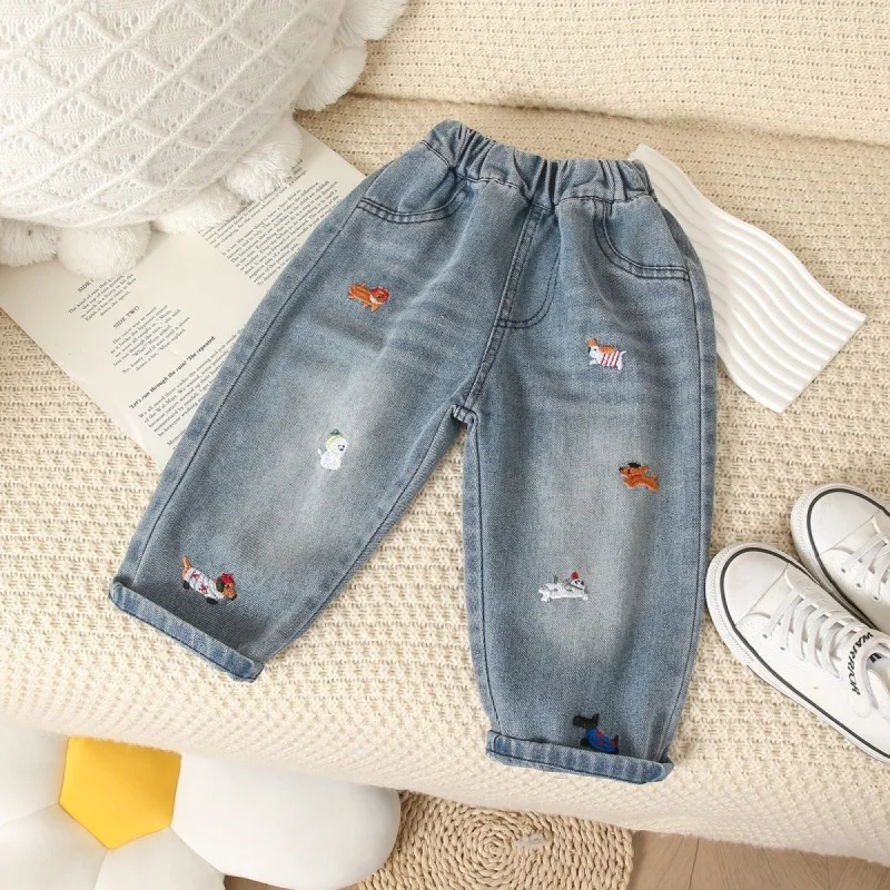 

Spring and Autumn Children's Jeans Embroidered Long Pants Heart Spring Outfit Versatile Casual Pants
