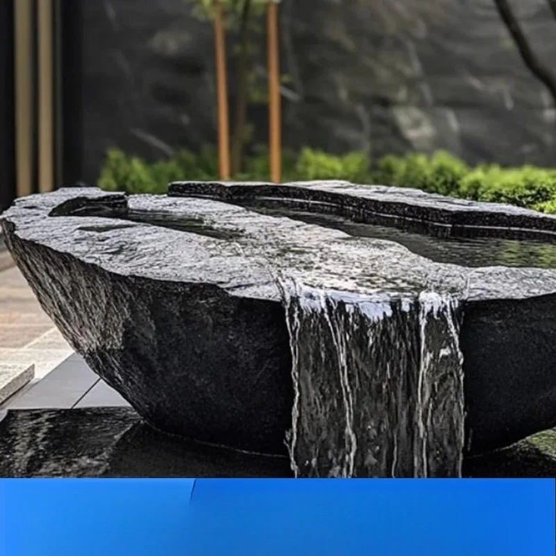 FZ  Black Mountain stone water bowl basin courtyard Chinese fountain stone carving water fountain garden  water feature
