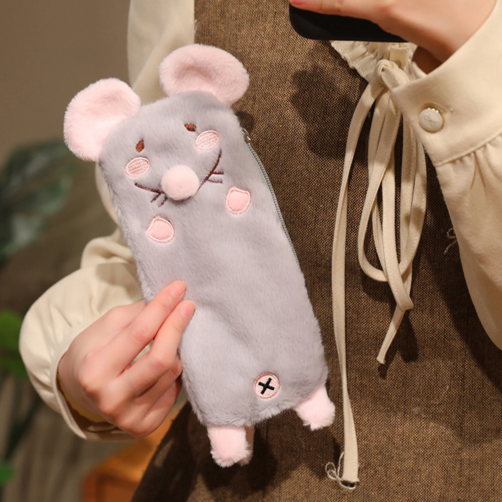 Plush Cartoon Pencil Bags Cute Cartoon Flower Branch Mouse Shaped Pen Bags Large Capacity Stationery Organizer Boxes For Student