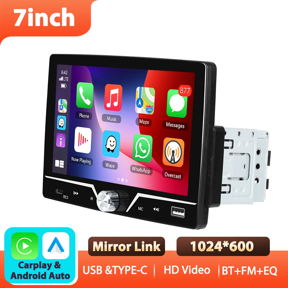 Podofo 1Din Autoradio mit Drehknopf 7'' MP5-Player Bluetooth FM Carplay Android Auto EQ SWC FM Mirror Link USB & TYPE-C Multimedia-Player
