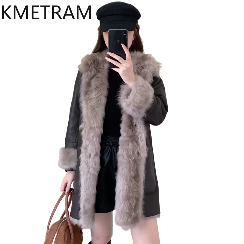 KMETRAM Naturalna Wełna Skóra Owcza Dwustronny Płaszcz z Futra Damski Średniej Długości Dwustronny Płaszcz z Prawdziwego Futra Zimowe Ubrania 2025 Fourrure