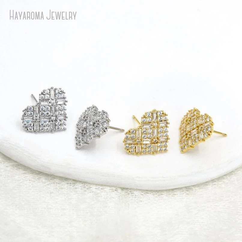 

10Pcs Wholesale Plated Hearts Heart Shape Point Gift For Her Invisible Setting Copper Metal Cubic Zirconia Stud Earrings