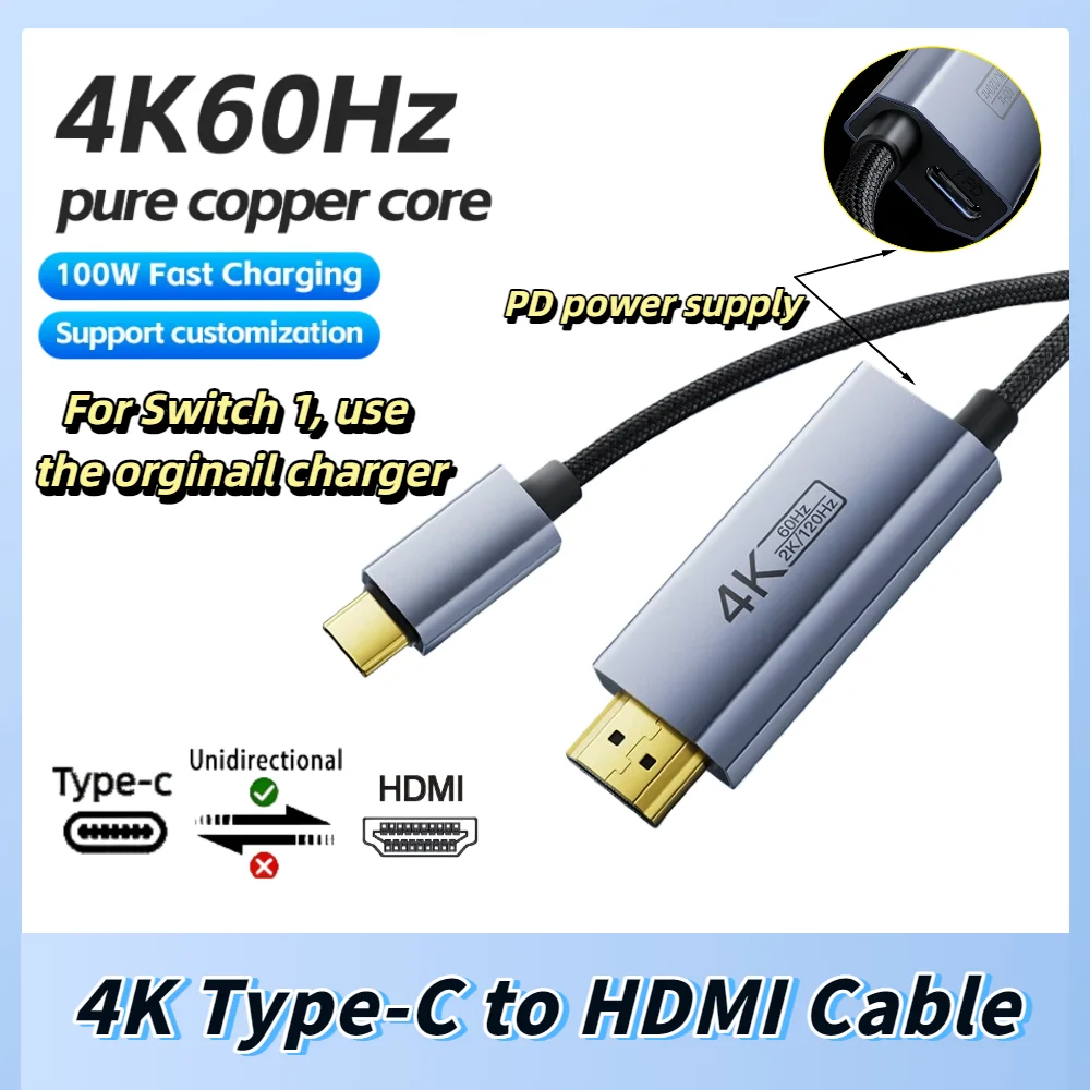 4K@60Hz Typ-C zu HDMI-kompatibel Unterstützt 2K@120Hz USB-C Videokabel mit PD 100W Ladefunktion für TV Handy Laptop Tablet Switch1 – Detail 1